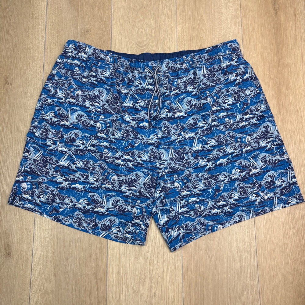 Peter‎ Millar Mens XXL Blue Rum Wave Lightning Print Swim Trunks Board Shorts 7"